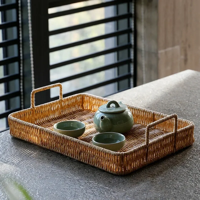 Rattan Tray Handle - 손잡이가있는 플라스틱 보관함 모조 등나무 직조