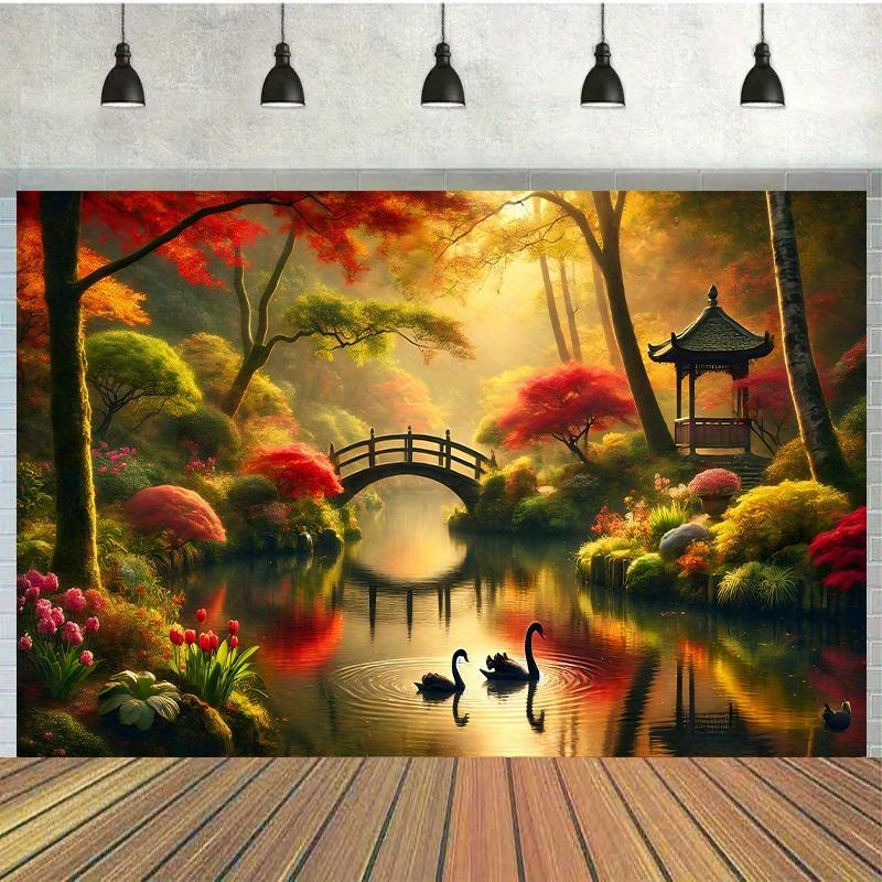 Interior Design With Wallpaper - 가을 정원 다리 백조 벽 태피스트리