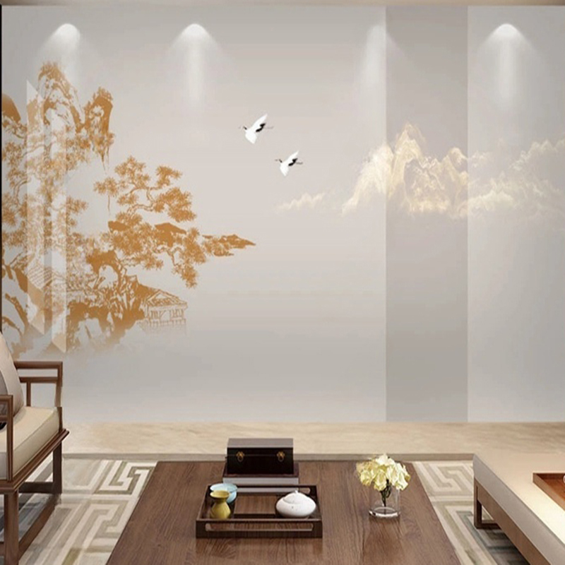 우아한 중국어 손으로 그린 ​​소나무 & 크레인 벽화  - Interior Design With Wallpaper 리뷰 및 가격