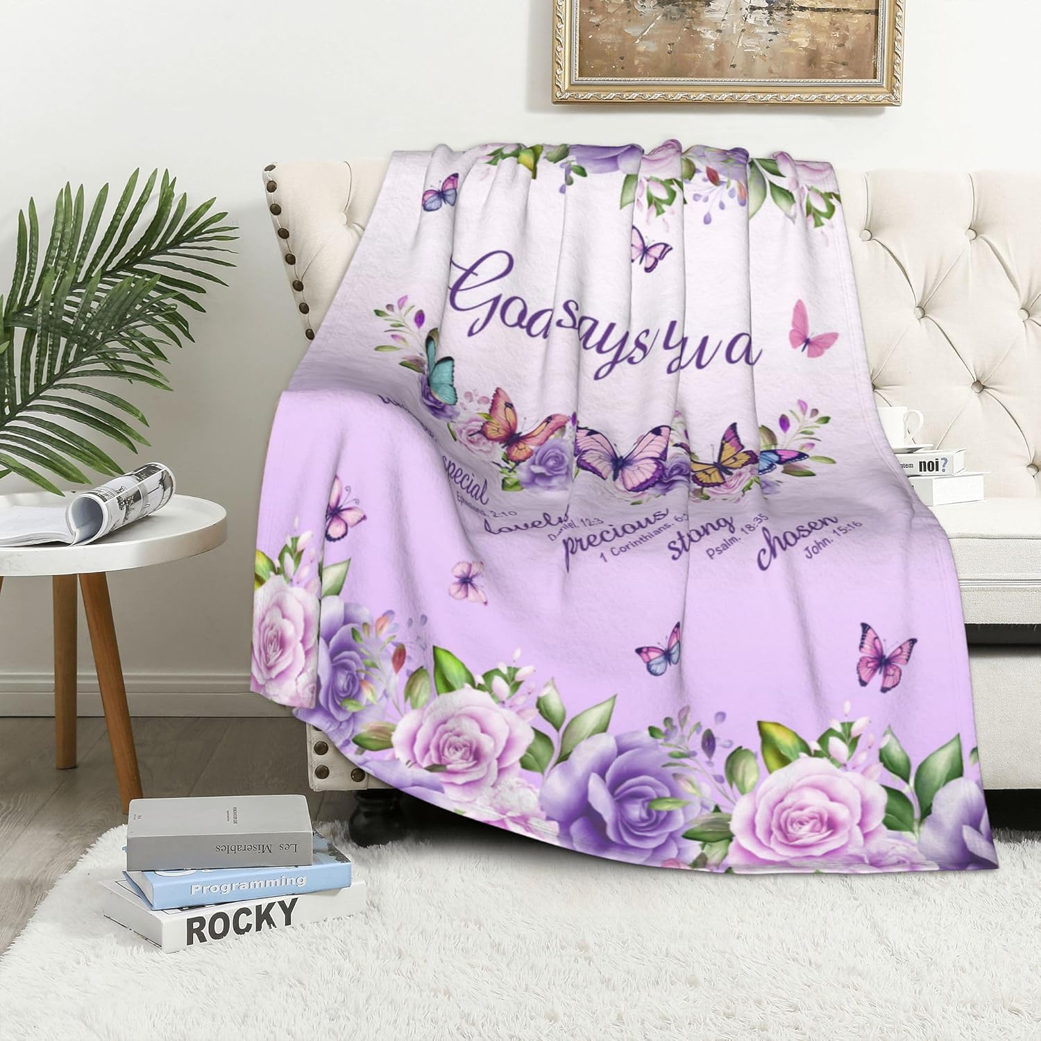 보라색 장미 나비 신앙 인용구 플리스 담요 종교적 디자 - Interior Design Quotes 리뷰 및 가격